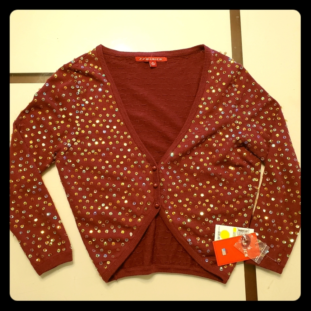 Red Sequined Cropped Cardigan